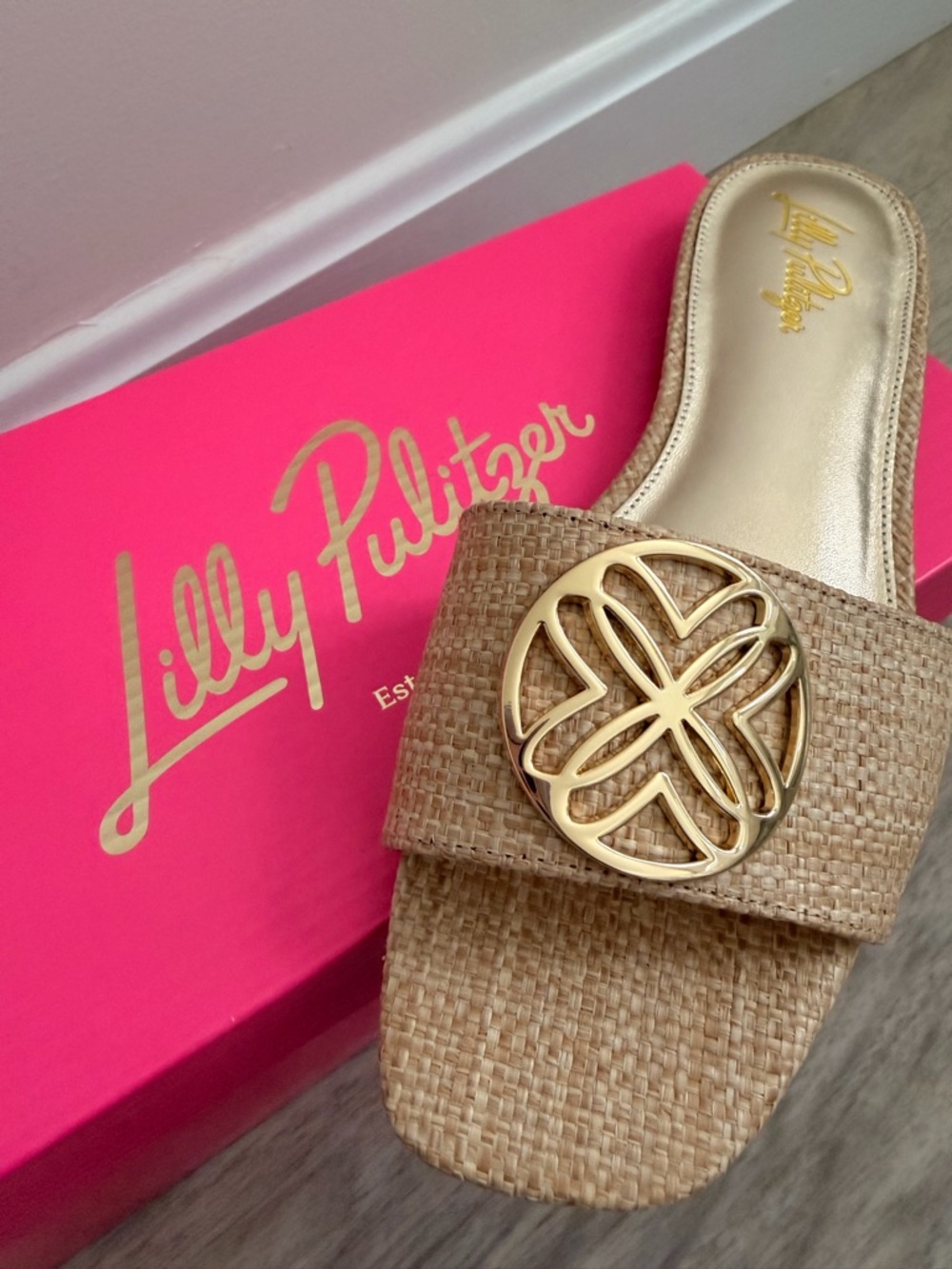 Lilly Pulitzer Natural Woven Slide Sandals with Gold Medallion